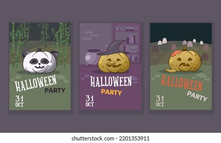 Set of Halloween party posters. Happy Halloween holiday. Pumpkin like a magic witch, zombie and panda bear with cut scary good joy smile for your Halloween background postcard, poster, invite