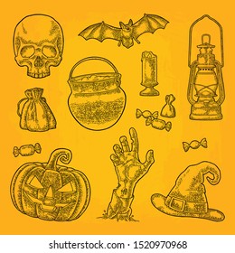 Set for Halloween Party  Pumpkin and scary face  bat  skull  bag  candle  witch hat  candy  hand  cauldron  cross  grave  Vector black vintage engraving illustration isolated yellow background