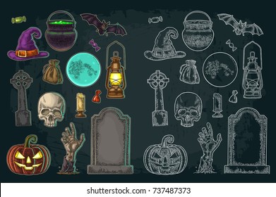 Set for Halloween Party. Pumpkin with scary face, bat, skull, bag, candle, witch hat, candy, hand, cauldron, cross, grave,. Vector color vintage engraving illustration isolated on dark background