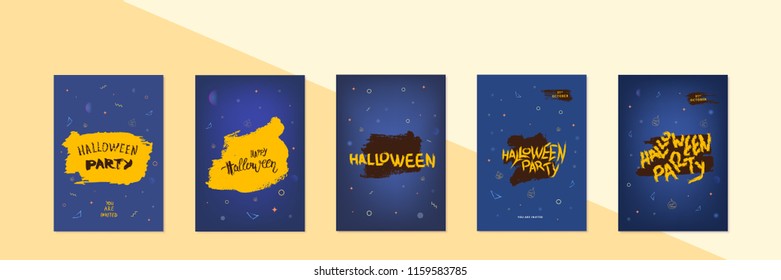 Set of Halloween Party template with grunge abstract shape  decoration and handwritten lettering. Collection of Vertical flyers. Element for holiday design. Vector illustration.
