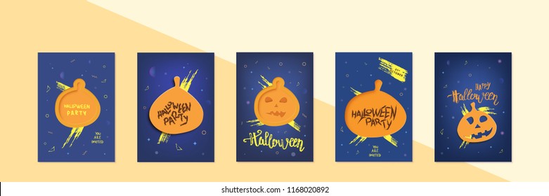 Set of Halloween Party template with pumpkin paper cut shape  decoration and handwritten lettering. Collection of Vertical  banners for social media. Element for holiday design. Vector illustration.