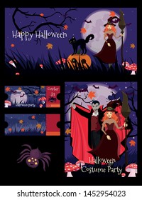 Set for Halloween party. Ticket, banner, flyer. Vector template.