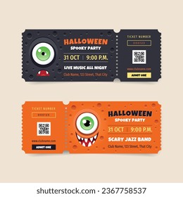 Set of halloween party ticket templates. Illustration of a funny monster on a black and orange backgrounds. Vector 10 EPS.