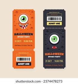 Set of halloween party ticket templates. Illustration of a funny monster on a black and orange backgrounds. Vector 10 EPS.