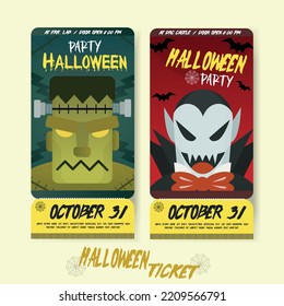 Set of Halloween Party Tickets. Event admission or entrance ticket layout. Design for Invitation card, Greeting card, Banner, Advertisement, website cover. Vector tem