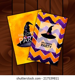 set of halloween party witch hat watercolor card invitation background, vector