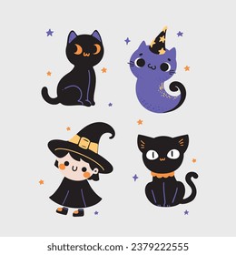 set halloween party,happy halloween,vector cute,illustration,object,pumpkin,black cat,funny,spooky,ghost,witch,graphic 2_2