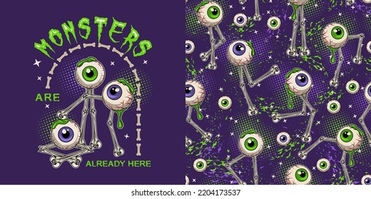 Set of halloween pattern, arched emblem with moving monsters made of bones, human eyeballs with green goo, slime, text. Round halftone shapes, little stars, abstract small blots on violet background