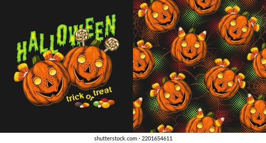 Set of halloween pattern, emblem with candy corn, round candy, pumpkin head like smiling mischievous freckled kids face, silhouette of spider web behind, text Trick or Treat