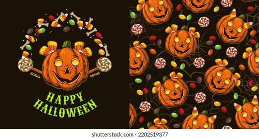 Set of halloween pattern, emblem with candy corn, round candy, pumpkin head stylized as smiling mischievous freckled kids face, silhouette of spider web. Text Happy Halloween.