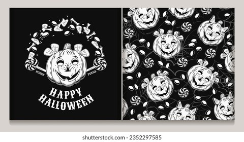 Set of halloween pattern, emblem with candy, sweets, pumpkin head like smiling mischievous little girl, silhouette of spider web behind. Girl playing with candy. Text Happy Halloween.