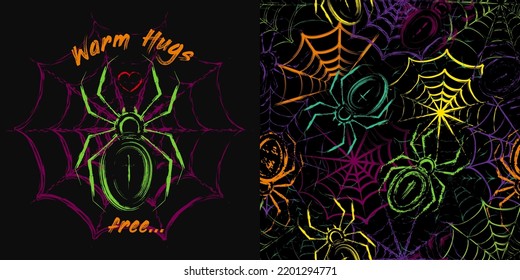 Set of halloween pattern and emblem with spider, spiderweb, text Warm hugs in sketch style. Grunge uneven paint brush strokes, smears. Design elements for Halloween decoration, t-shirt design.