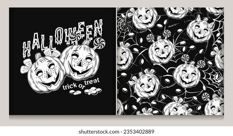 Set of halloween pattern, label with candy, sweets, pumpkin heads like smiling happy kids, silhouette of spider web behind, text Trick or Treat