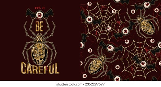 Conjunto de patrones de halloween, etiqueta con monstruos, telaraña, araña metálica robot atrapando monstruo de ojos voladores con alas de murciélago. Texto Tenga Cuidado. Ilustración vectorial surrealista en estilo steampunk