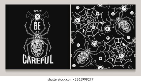 Conjunto de patrones de halloween, etiqueta con monstruos, telaraña, araña metálica robot atrapando monstruo de ojos voladores con alas de murciélago. Texto Tenga Cuidado. Ilustración vectorial surrealista en estilo steampunk