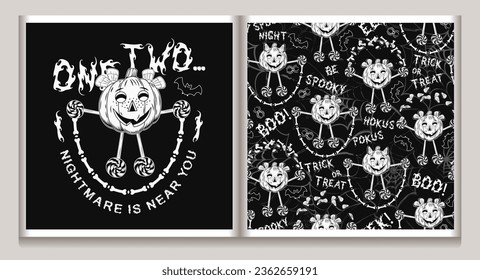 Set of halloween pattern, label with pumpkins like having fun kids, text, silhouette of bat, spiderweb behind. Black and white illustration in vintage style.