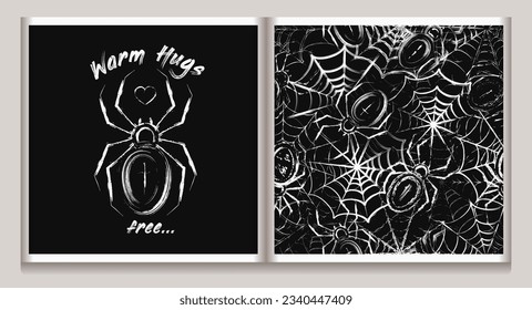 Set of halloween pattern, label in sketch style with spider, spiderweb, text Warm hugs. Grunge paint brush strokes, smudges. Design elements for Halloween decoration, t shirt design.