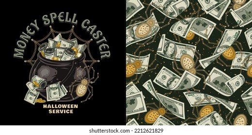Set of halloween pattern, label with text Spell caster, cauldron full of cash money in vintage style. 100 US dollar banknotes, one dollar coin. Spider and spiderweb made of jewelry gold chains, beads