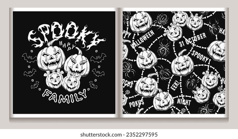 Set von halloween Muster, Label mit Text, glückliche lustige Kürbisfamilie, Grunge Spinnen Silhouette, aber, Knochen, Text Spooky Familie. Kürbis Kopf wie menschliche Charaktere.