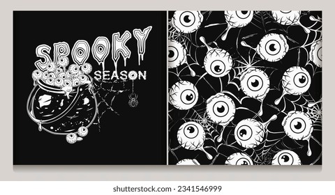 Set of halloween pattern, label with witchy cauldron full of human eyeballs, drops of goo, slime, silhouette of spiderweb behind, text Spooky Season