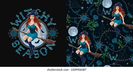 Set of halloween pattern, label with young beautiful witch flying on broomstick, text, silhouette of bats, full moon, blue roses, stars, spiderweb, string of black pearls. Vintage style.