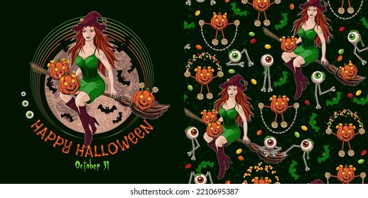 Set of halloween pattern, label with young beautiful witch flying on broomstick, pumpkins like little kids, monsters of bones, eyesballs, silhouette of bats, full moon, text. Vintage style