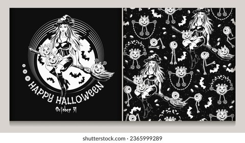 Set with halloween pattern, label with young beautiful witch flying on broom, pumpkin head like little kids, eye monsters, eyeballs, silhouette of bats, full moon, text. Vintage style