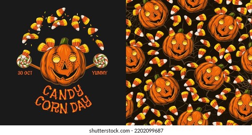 Set of halloween pattern, logo with candy corn, pumpkin head stylized as smiling mischievous kids with freckles. Vector illustration for National Candy Corn Day in vintage style