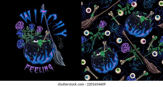 Set of halloween pattern and logo with witch cauldron with bubbling green liquid, magic blue fire, bone, broom, roses, spider, text Witchy Feeling. Magic potion, symbol of witchcraft CMYK blue colors