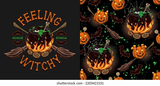 Set of halloween pattern, logo with witch cauldron with bubbling green potion on bonfire, bone, brooms, silhouette of bat, pumpkins like kids, little imps. Magic symbols of witchcraft in vintage style