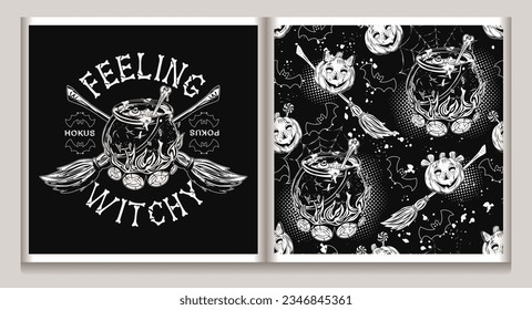 Set of halloween pattern, logo with witch cauldron with bubbling green potion on bonfire, bone, brooms, silhouette of bat, pumpkins like kids, little imps. Magic symbols of witchcraft in vintage style