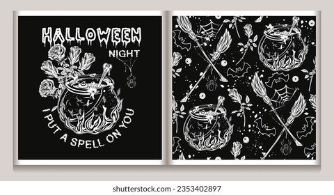 Set of halloween pattern and logo with witch cauldron with bubbling potion, fire, scattered eyeballs, broom, roses, spider, bat, text Halloween Night, I put spell on you. Vintage style