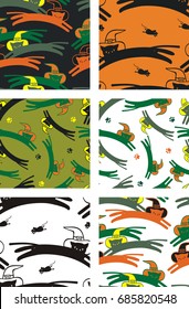 Set of Halloween patterns with cats in witch hat. Vector clip art.