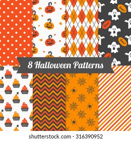 Set of Halloween patterns with Cupcakes, Pumpkins, Spiders, Ghosts, Polka Dot, Chevron, Argyle and Diagonal Lines. Perfect for wallpapers, wrapping papers, decoration, greeting cards, pattern fills