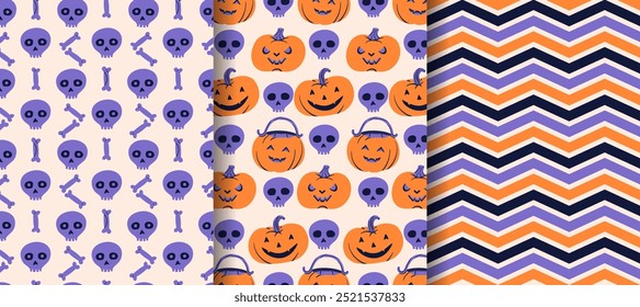 Conjunto de patrones de Halloween. Lindas calabazas, cráneos y huesos. Patrón de zigzag adicional. Fondo de pantalla, textil, papel de embalaje, fondo. Ilustración vectorial plana