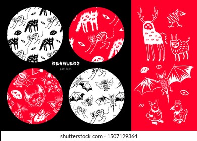 Set of Halloween patterns and elements. Scary and cute creatures. For greeting cards, invitations, for printing on T-shirts and more. Happy Halloween!