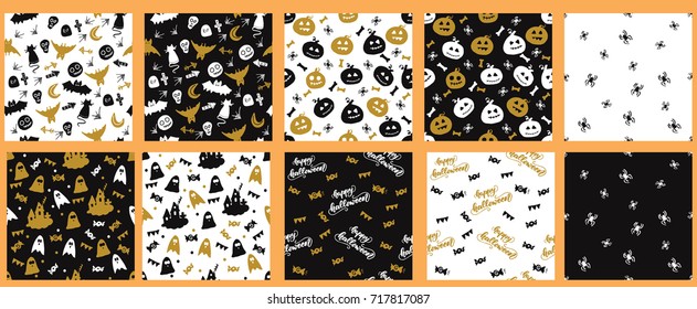 Set of Halloween patterns for gift paper, fabric, wallpapers. Vector illustration.