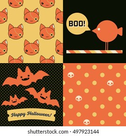 Set of Halloween Patterns and posters. 2 seamless patterns and 2 posters celebrating October 31st. Poster with a bird on it that says "Boo!" and poster with bats that reads "Happy Halloween"