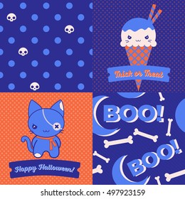 Set of Halloween Patterns and posters. 2 seamless patterns and 2 posters, one with an evil ice cream cone that reads "Trick or Treat" and the other with an evil kitty that reads "Happy Halloween"