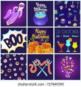 Set with Halloween patterns and posters. Funny and scary objects. Vector illustration of eyes, potion, broom, candies, hat and boots in cartoon style.