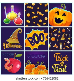Set with Halloween patterns and posters. Funny and scary objects. Vector illustration of eyes, potion, broom, candies, hat and boots in cartoon style.