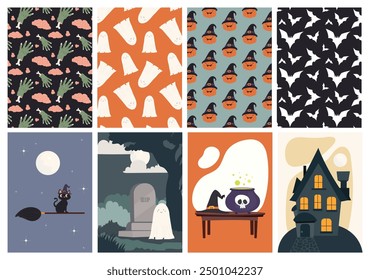 set of Halloween patterns and simple illustrations in flat style