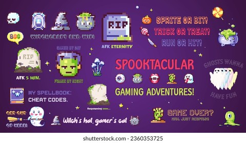 Set of Halloween Pixel art Gamer Stickers. Decorative Collection of Retro 90s Badges with Halloween Characters and Funny Quotes. Ready to print 8bit patterns design.