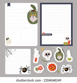 set of halloween planner notes and stickers with frankenstein cute cat illustration