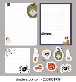 set of halloween planner notes and stickers with frankenstein cute cat illustration
