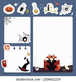 set of halloween planner notes and stickers with dracula cat illustration