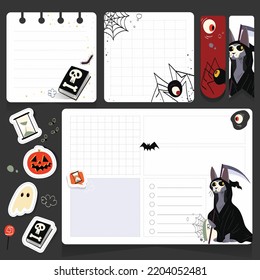 set of halloween planner notes and stickers with grim reaper cute cat illustration