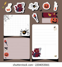 set of halloween planner notes and stickers with red devil cute cat illustration