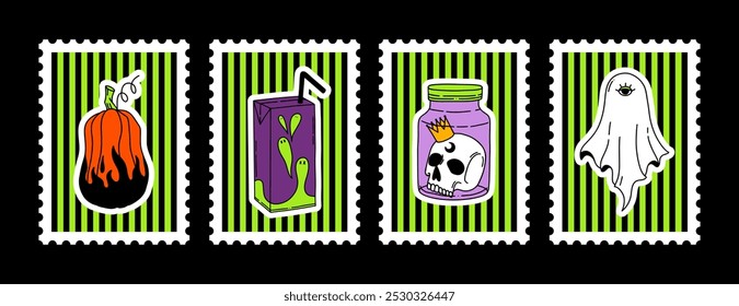 Set of Halloween post card stamp illustration in Y2K style. Vector Hand drawn pumpkin, spooky juice, Skull in a jar, ghost. Happy Halloween Sticker collection in green and purple colors with stripes