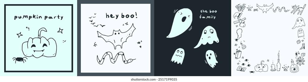 set of halloween postcard. Bat, ghosts and decoration carnival elements. Mystical magic collection cards and frame. Trendy modern doodle vector illustration. hand-drawn vector art